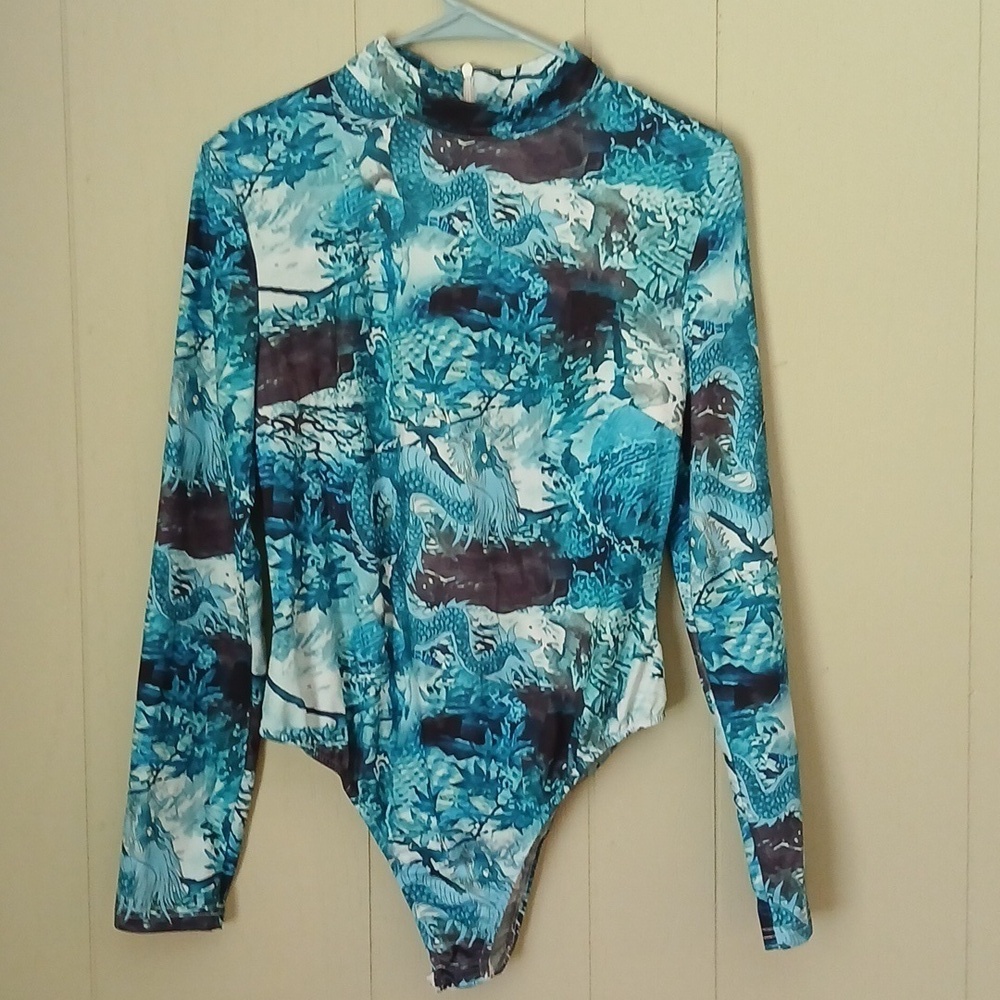 Eilly Bazar Bodysuit Long Sleeve Top, Size L. Zipper, Blue
